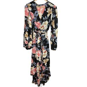 Papaya Floral Wrap Dress V-Neck Long Sleeves Belted Romantic Flowy Womens Size M